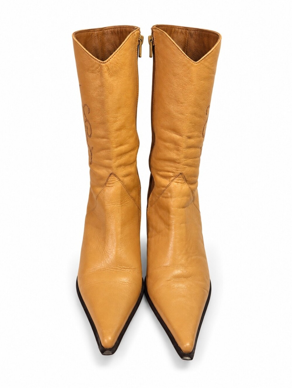 Women's Pointed Mid-Calf Leather Boots - Mustard